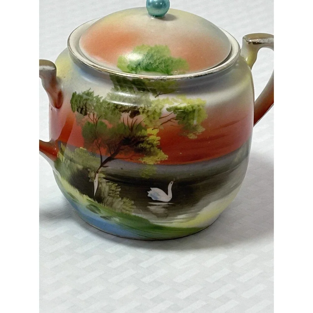 Noritake Hand Painted Vintage Sugar Bowl W/Lid Lake Scene Sunset W/ Swan‎